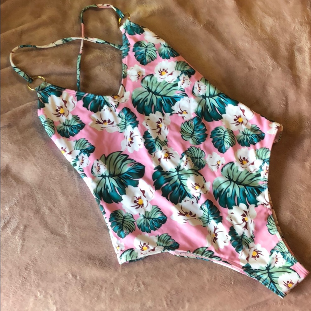 Pink tropical floral one piece swimsuit